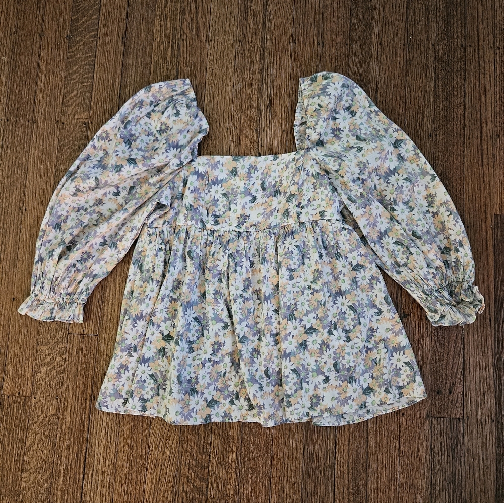 Storia Floral Blouse with Puff Sleeves & Shimmer Accent Sz Sm - Picture 3 of 7